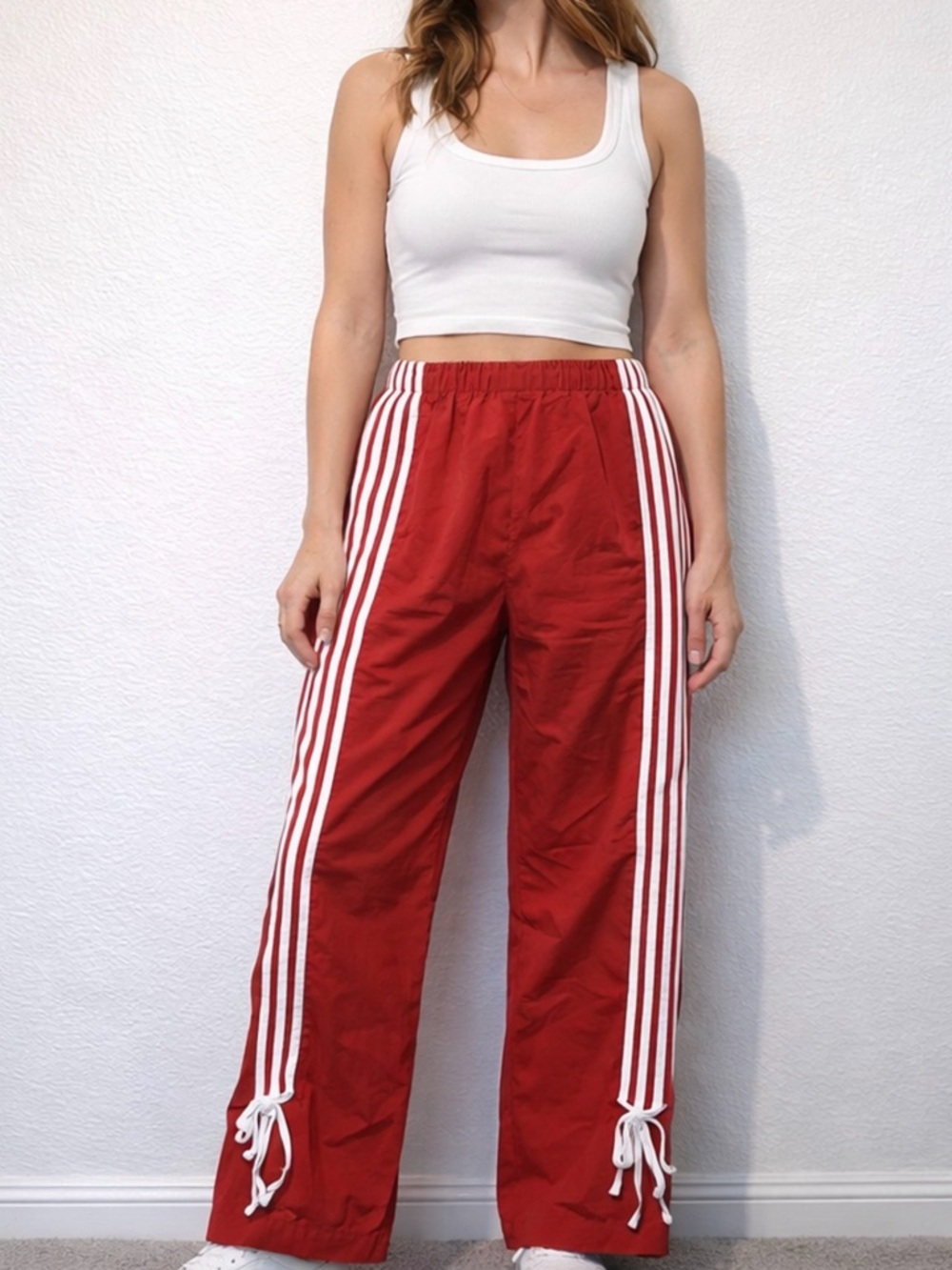Wide-Leg Red Track Pants with White Side Stripes
